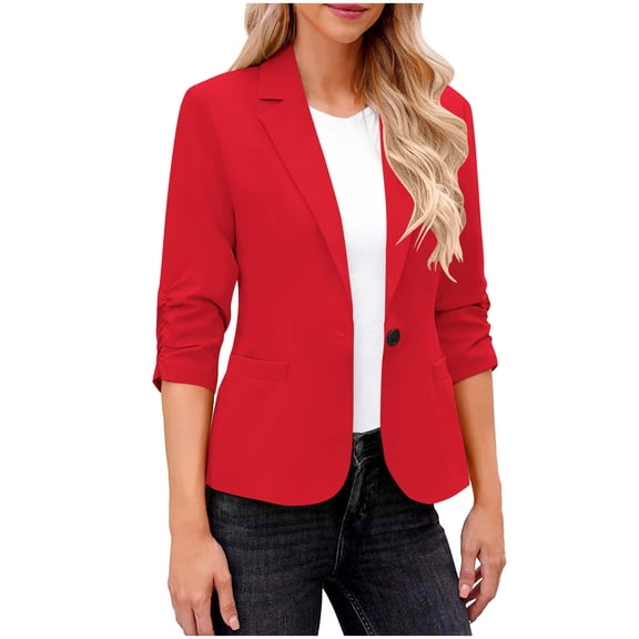 Women Ruched 3/4 Sleeve Casual Suit Jackets Lapel Neck One Button Dressy Slim Formal Office Business Blazer Solid