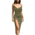 thumbnail image 1 of Women Ruched Bodycon Maxi Dress Summer Sleeveless Sexy V Neck Backless Cami Dress Side High Split Solid Long Party Dress, 1 of 7