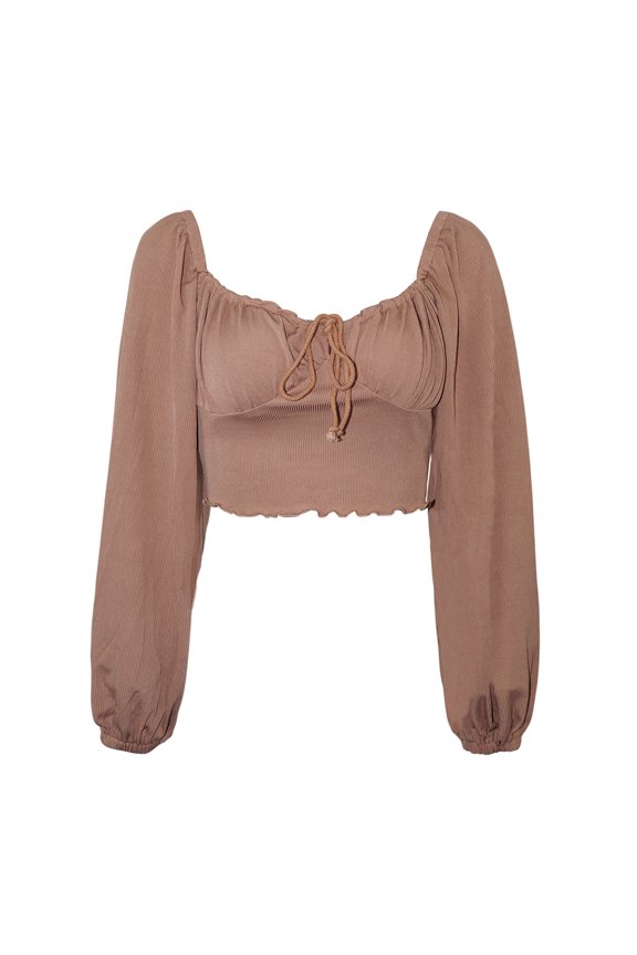 Women Ruched Drawstring Blouses Long Puff Sleeve Front V Neck Crop Tee Blossomir