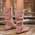 thumbnail image 1 of Women Ruched Knee High Boots, Double Metal Buckle Strap Side Zip Faux Suede Tall Boots, Low Flat Heel Slouch Long Boots Red 9.5(43), 1 of 9