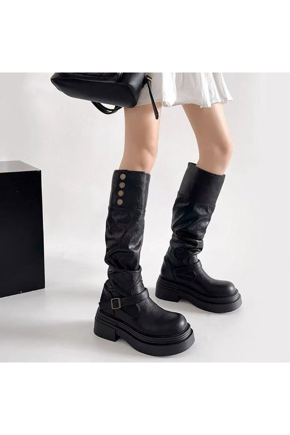 Women Ruched Slouch Platform Knee High Boots, Metal Buttons & Buckle Strap Round Toe Chunky Block Heel Faux Leather Tall Boots Black 4.5(35)