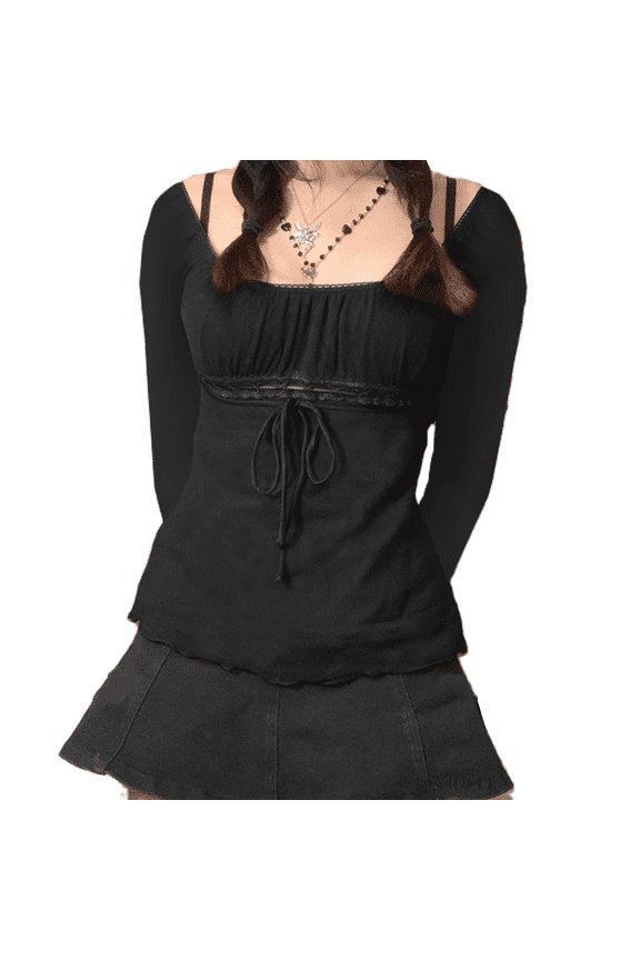 Women Ruched Square Neck T Shirt Elegant Lace Bow Long Sleeve Crop Top Slim Harajuku Shirts Y2K Vintage Trendy Blouse