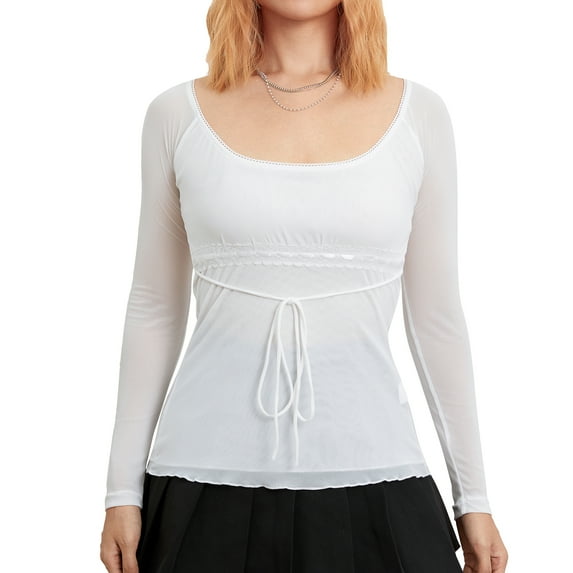 Women Ruched Square Neck T Shirt Elegant Lace Bow Long Sleeve Crop Top Slim Harajuku Shirts Y2K Vintage Trendy Blouse