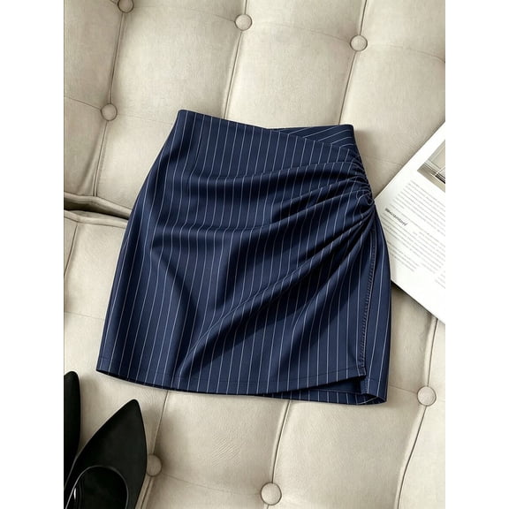 Women Ruched Wrap Mini Skirt High Waist Striped Elegant Daily Work Skirt