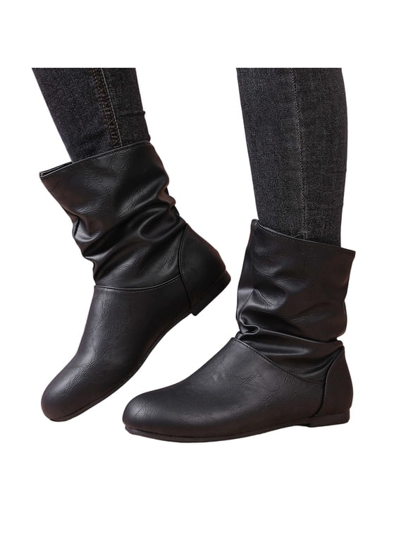 Women Ruched Wrinkle Fabric Mid Calf Pull On Boots, Soft Elastic Textile, Thin Cushioned Footbed, Flexible Anti Slip Flat Outsole, Relaxed Vintage Silhouette for Daily Casual Street,Black 5.5