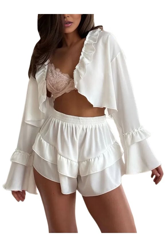 Women Ruffle 2 Piece Sets Long Sleeve Button Down Shirts and Shorts Fashion Sweatsuit Sets White M