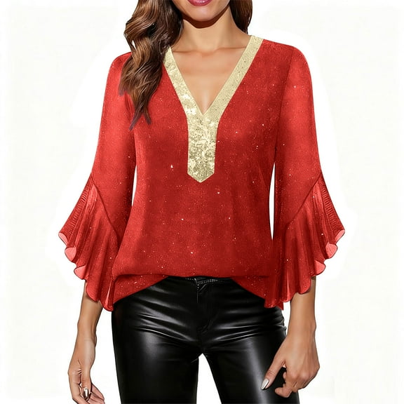 Women Ruffle 3/4 Sleeve Sparkly Top Elegant Sequin Deep V Neck Work Blouses Casual Mesh Dressy Evening Party Shirt