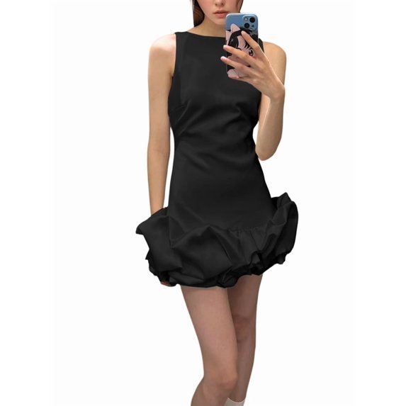 Women Ruffle Bubble for Mini Dress Sleeveless Ruched Hem Bodycon Dresses Tank Short Dress Black L