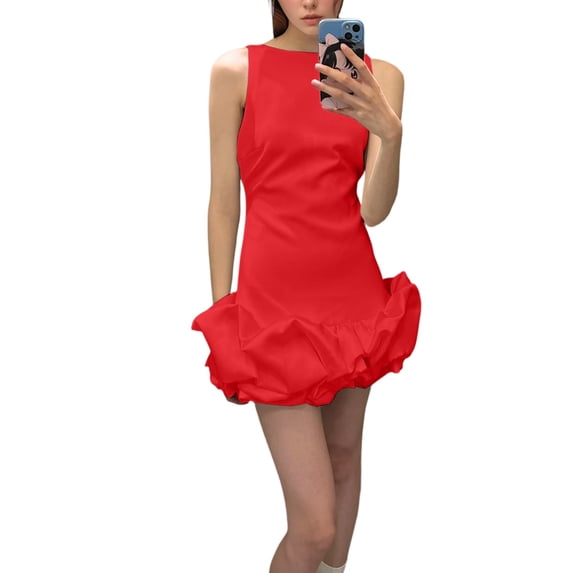 Women Ruffle Bubble for Mini Dress Sleeveless Ruched Hem Bodycon Dresses Tank Short Dress Red XS