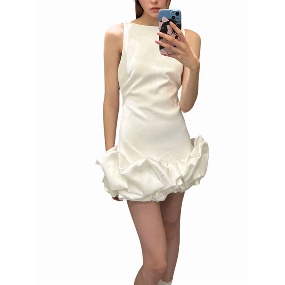 Women Ruffle Bubble for Mini Dress Sleeveless Ruched Hem Bodycon Dresses Tank Short Dress White L