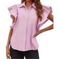 thumbnail image 1 of Women Ruffle Button Down Shirts Short Sleeve Lapel Tops Blouse, 1 of 6