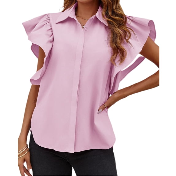 Women Ruffle Button Down Shirts Short Sleeve Lapel Tops Blouse