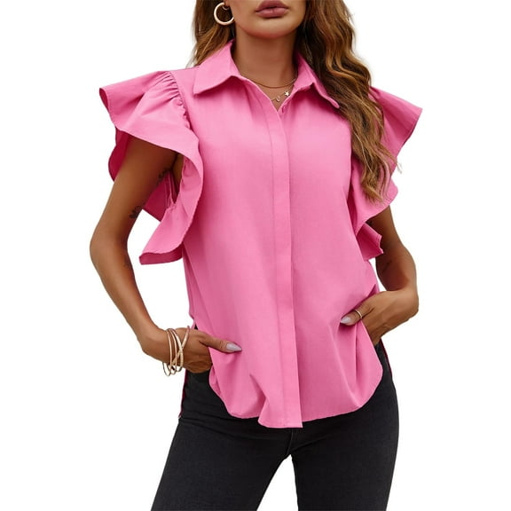 Women Ruffle Button Down Shirts Short Sleeve Lapel Tops Blouse