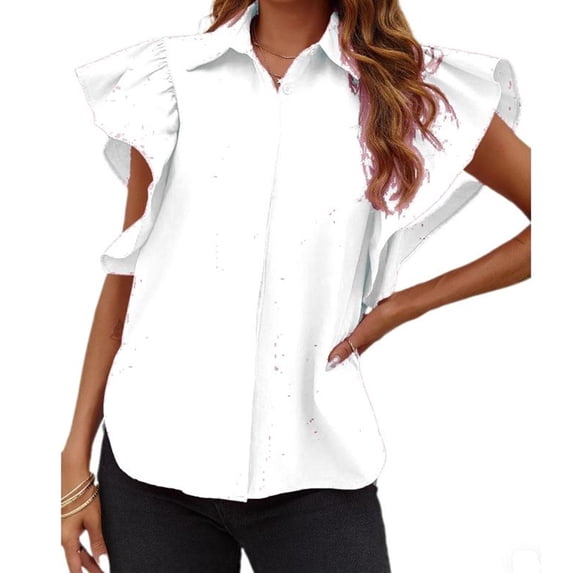 Women Ruffle Button Down Shirts Short Sleeve Lapel Tops Blouse
