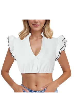 Women Ruffle Cap Sleeve V Neck Dirndl Crop Blouse Trim Edge Flutter Sleeve Button Front Bavarian Trachten Top S-XXL for Oktoberfest