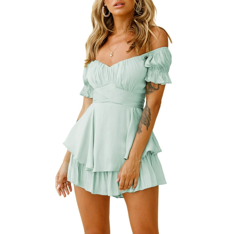 Women Ruffle Dress Built in Shorts Off Shoulder Puff Sleeve Layered Short Dress Square Neck Ruched Fairy Flowy Mini Dress Walmart