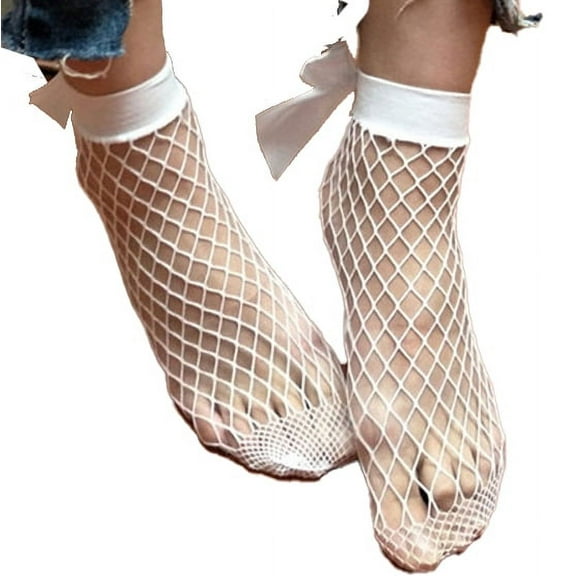 Women Ruffle Fishnet Ankle High Socks Mesh Lace Fish Net Short Socks Socks White_002 One Size