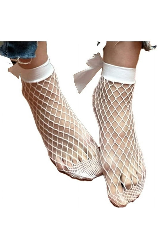 Women Ruffle Fishnet Ankle High Socks Mesh Lace Fish Net Short Socks Socks White_002 One Size