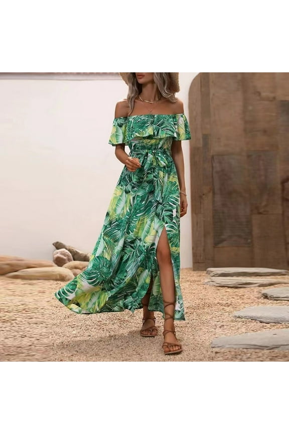 Women Ruffle Floral Maxi Summer Dress Off Shoulder Short Sleeve Backless Flounce Bodice Slit Hem Beach Dresses Green S