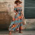thumbnail image 1 of Women Ruffle Floral Maxi Summer Dress Off Shoulder Short Sleeve Backless Flounce Bodice Slit Hem Beach Dresses Vermilion XL, 1 of 6