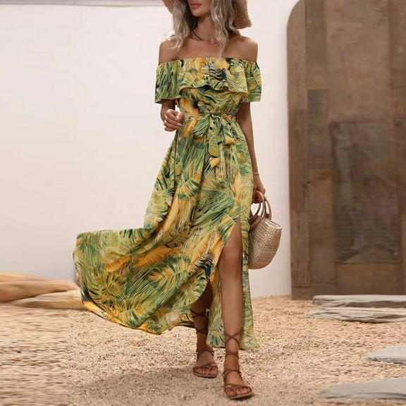 Women Ruffle Floral Maxi Summer Dress Off Shoulder Short Sleeve Backless Flounce Bodice Slit Hem Beach Dresses Yellow XL