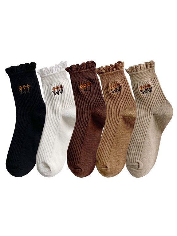Women Ruffle Frilly Rib Knit Crew Socks Floral Embroidery Scalloped Pointelle Casual Ankle Socks 5 Pairs-