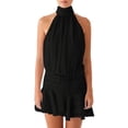 thumbnail image 1 of Women Ruffle Halter Neck Mini Dress Mock Neck Open Back Tiered Dress Y2K Mesh Layered Dresses Black L, 1 of 8