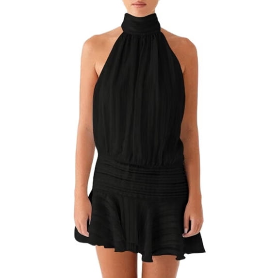 Women Ruffle Halter Neck Mini Dress Mock Neck Open Back Tiered Dress Y2K Mesh Layered Dresses Black L