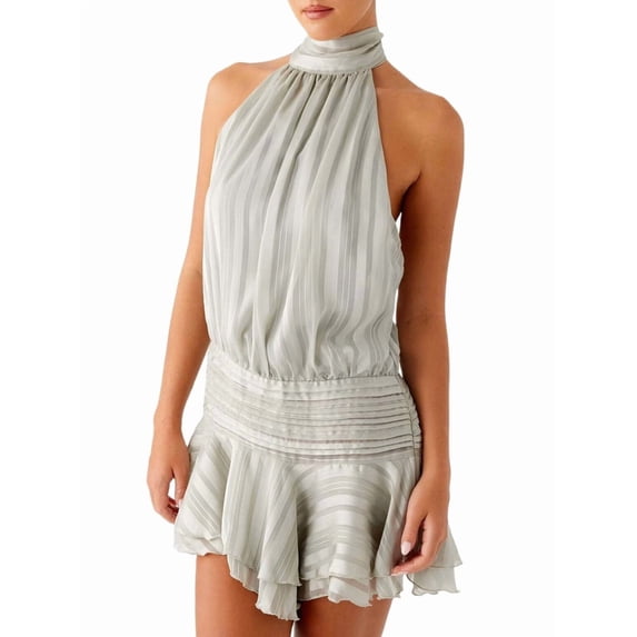 Women Ruffle Halter Neck Mini Dress Mock Neck Open Back Tiered Dress Y2K Mesh Layered Dresses Light Gray M