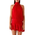 thumbnail image 1 of Women Ruffle Halter Neck Mini Dress Mock Neck Open Back Tiered Dress Y2K Mesh Layered Dresses Red M, 1 of 8