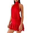 thumbnail image 1 of Women Ruffle Halter Neck Mini Dress Mock Neck Open Back Tiered Dress Y2K Mesh Layered Dresses Red S, 1 of 8