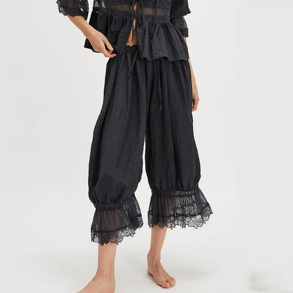 Women Ruffle Hem Capris Lace Trim Pantaloons Lingerie Pants Slips for Under Dress Hollow Lace Lace Home Clothes for Women