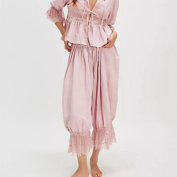 Women Ruffle Hem Capris Lace Trim Pantaloons Lingerie Pants Slips for Under Dress Hollow Lace Lace Home Clothes for Women