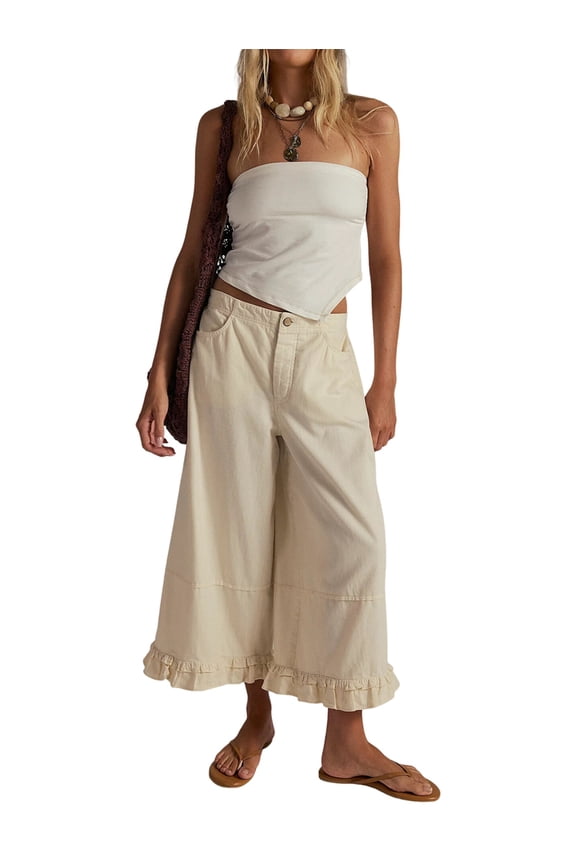 Women Ruffle Hem Wide Leg Jeans Mid Rise Cropped Denim Pants with Pockets Cream White S