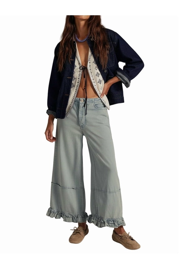 Women Ruffle Hem Wide Leg Jeans Mid Rise Cropped Denim Pants with Pockets Light Blue XL