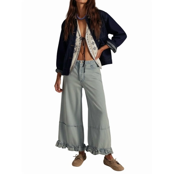 Women Ruffle Hem Wide Leg Jeans Mid Rise Cropped Denim Pants with Pockets Light Blue XL