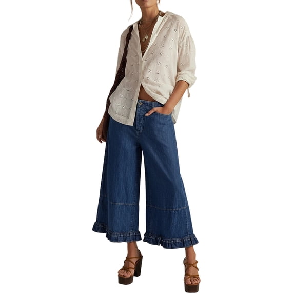 Women Ruffle Hem Wide Leg Jeans Mid Rise Cropped Denim Pants with Pockets XL