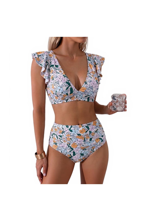 Women Ruffle High Waist Swimsuit Two Pieces Push Up Tropical Print Bikini