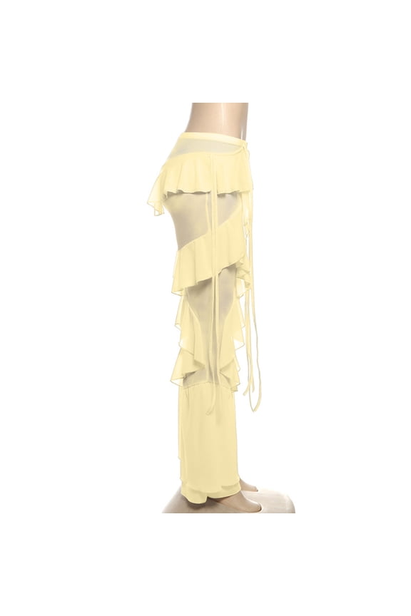 Women Ruffle Pants Elastic Waist Wide Leg Flare Mesh Sheer Layered Bell Bottom Palazzo Cowgirl Trousers
