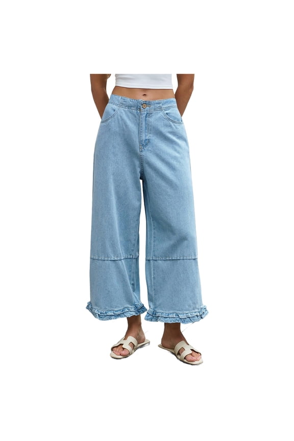 Women Ruffle Patchwork Wide Leg Casual Denim Pants Ankle Jeans