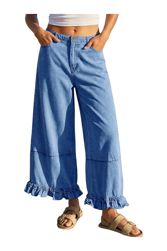 Women Ruffle Patchwork Wide Leg Casual Denim Pants Ankle Jeans