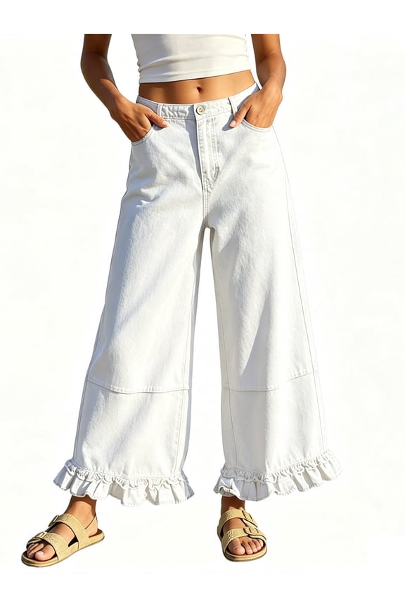 Women Ruffle Patchwork Wide Leg Casual Denim Pants Ankle Jeans