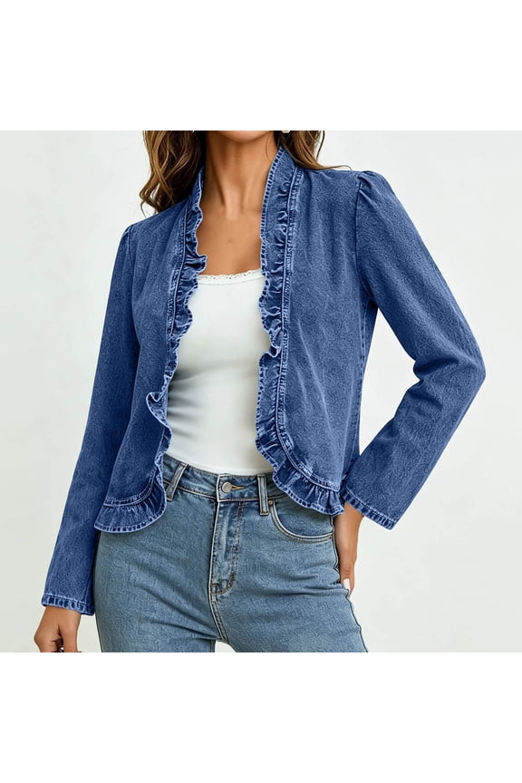 Women Ruffle Peplum Jean Crop Jacket Coat Fall Spring Lightweight Open Front Long Sleeve Outwear