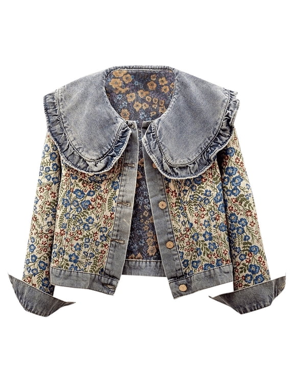 Women Ruffle Peter Pan Collar Floral Embroidery Cropped Jean Jacket Long Sleeve Button Down Short Denim Coat