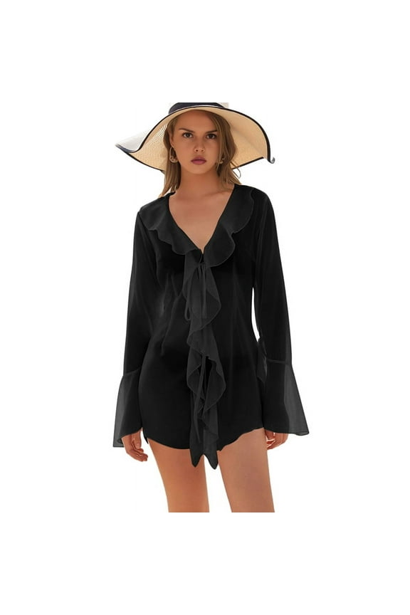 Women Ruffle Sheer Top Long Sleeve See Through Mesh Blouse Tops Oversized Flowy Chiffon Tunic Shirts Black L