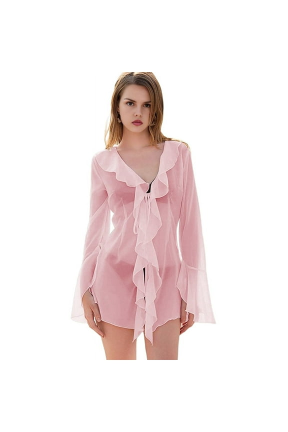 Women Ruffle Sheer Top Long Sleeve See Through Mesh Blouse Tops Oversized Flowy Chiffon Tunic Shirts Pink M