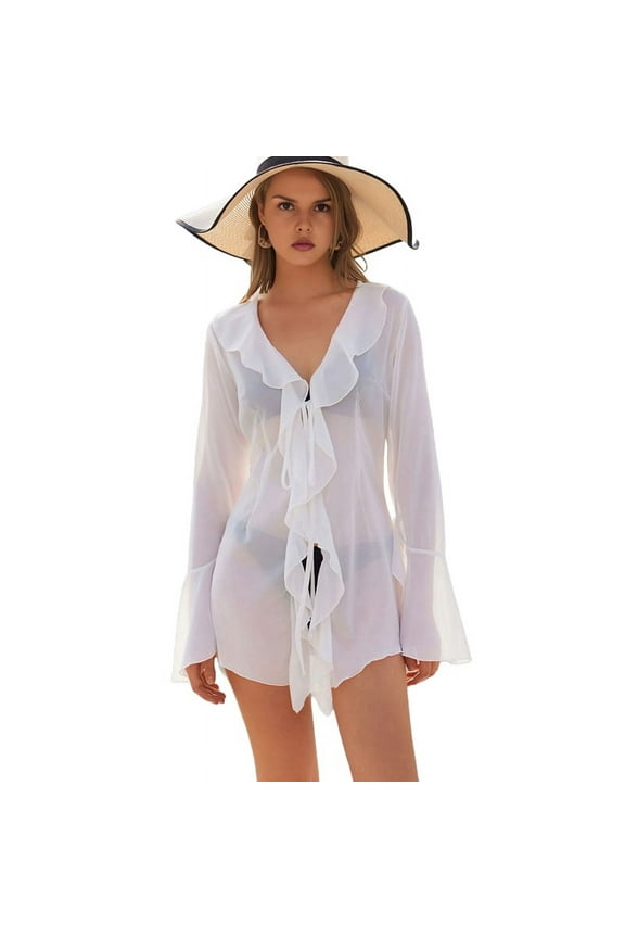 Women Ruffle Sheer Top Long Sleeve See Through Mesh Blouse Tops Oversized Flowy Chiffon Tunic Shirts White M