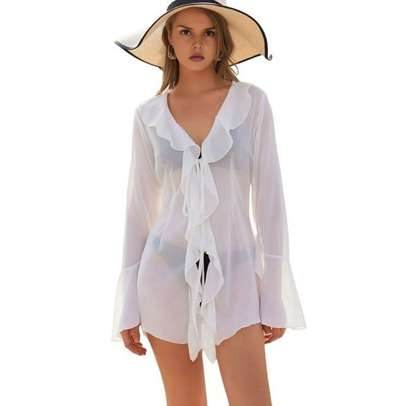 Women Ruffle Sheer Top Long Sleeve See Through Mesh Blouse Tops Oversized Flowy Chiffon Tunic Shirts White S