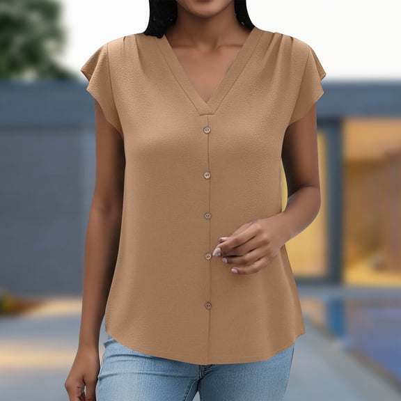 Women Ruffle Sleeve Tank Tops Dressy Casual 1/4 Sleeve V Neck Blouses Shirts Loose Fitting Tunic Tee Khaki S