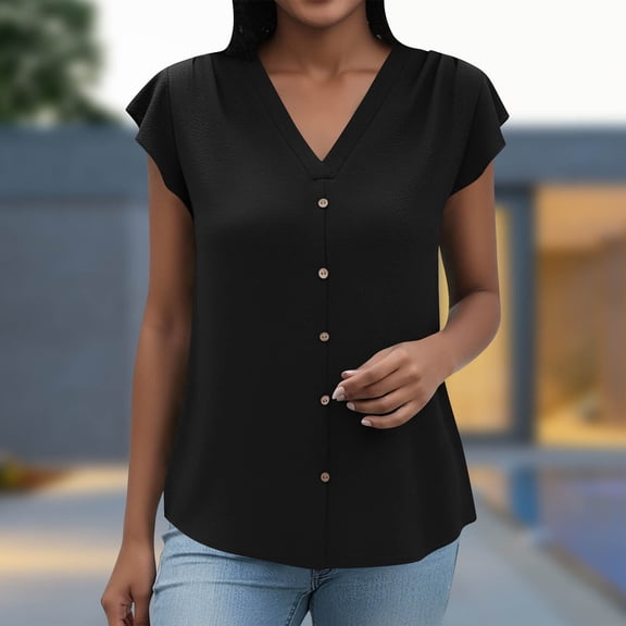 Women Ruffle Sleeve Tank Tops Dressy Casual 1/4 Sleeve V Neck Blouses Shirts Loose Fitting Tunic Tee Sleeveless Cami Tops for Women Plus Size Black L
